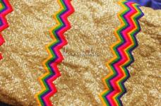 250 Grams Colored Thread Cheveron and Gold Sequins Embroidery on Beige Polyester Georgette Fabric 44inch
