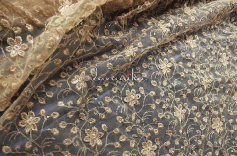 150 Grams Colored Thread and Sequins Floral Embroidery on Dyed Nylon Net Fabric 44inch