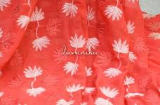 80 Grams White Leaf Thread Embroidery on Dyed Polyester Georgette Fabric 44inch