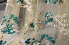 80 Grams Colored Thread Embroidery in Green and White Floral pattern on Beige Nylon Net 44inch 