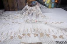 100 Grams Detailed Chain Stitch Thread Embroidery with Gold Sequins on Dyeable Nylon Net Fabric 54inch